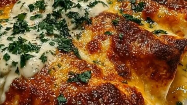 A white baking dish filled with golden-brown, cheesy chicken enchiladas garnished with fresh green parsley.