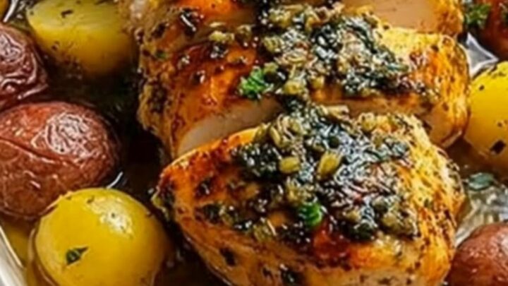 A ceramic baking dish filled with golden roasted baby potatoes and sliced herb-topped chicken breasts.
