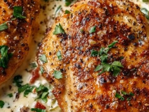 Golden seared chicken simmering in a glossy garlic cream sauce in a black skillet.