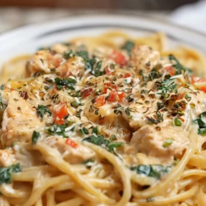 A steaming bowl of creamy garlic parmesan chicken linguine with fresh spinach and herbs.