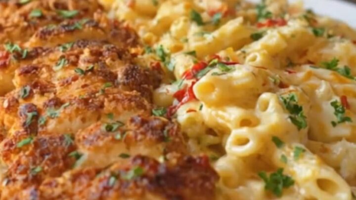 A close-up of a serving of baked penne with a golden crispy chicken cutlet on top and melted mozzarella.