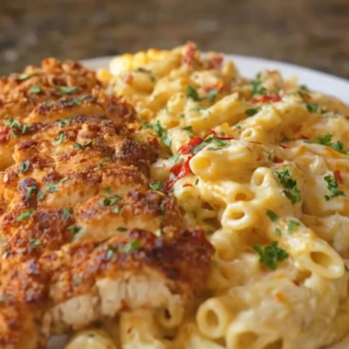A close-up of a serving of baked penne with a golden crispy chicken cutlet on top and melted mozzarella.