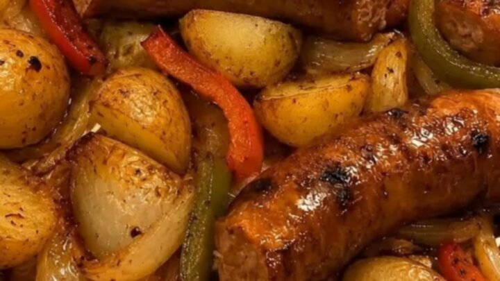 A metal sheet pan filled with golden roasted potatoes, browned sausage links, and caramelized peppers.