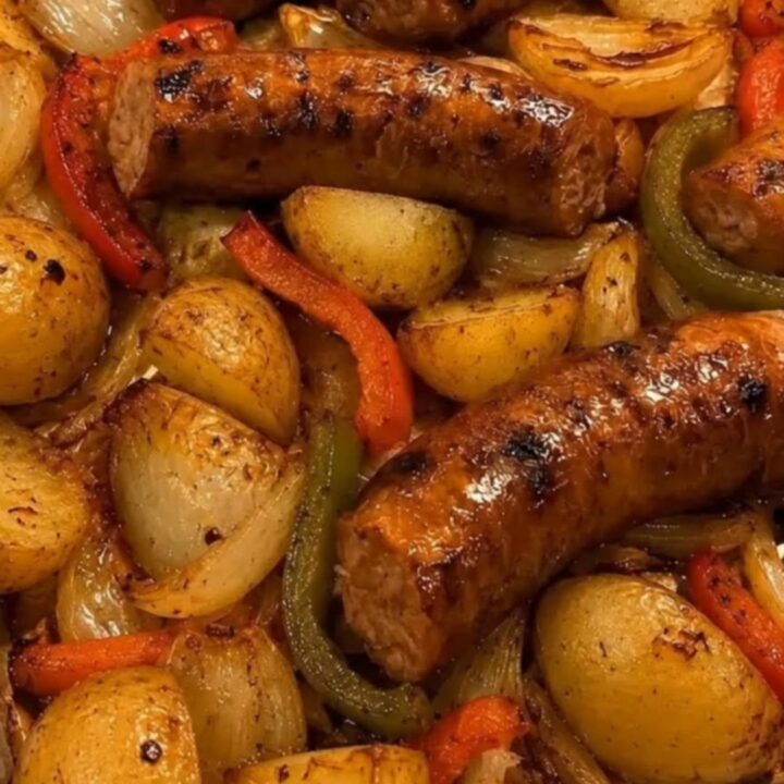 A metal sheet pan filled with golden roasted potatoes, browned sausage links, and caramelized peppers.