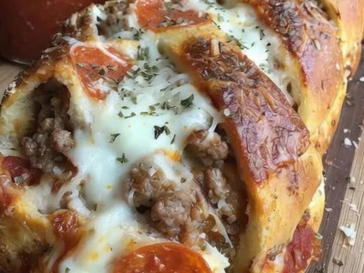 A golden-brown braided pizza bread sliced on a wooden board with bowls of warm marinara sauce.