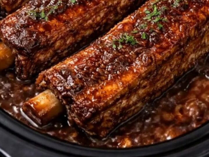 A close-up of tender, fall-apart beef short ribs covered in a shiny, dark garlic glaze on a plate.