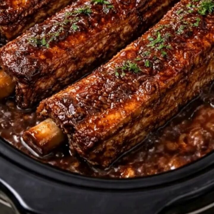 A close-up of tender, fall-apart beef short ribs covered in a shiny, dark garlic glaze on a plate.