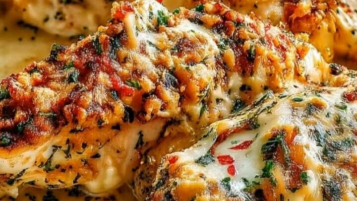 A golden, bubbly garlic parmesan chicken breast in a white baking dish with fresh herbs.