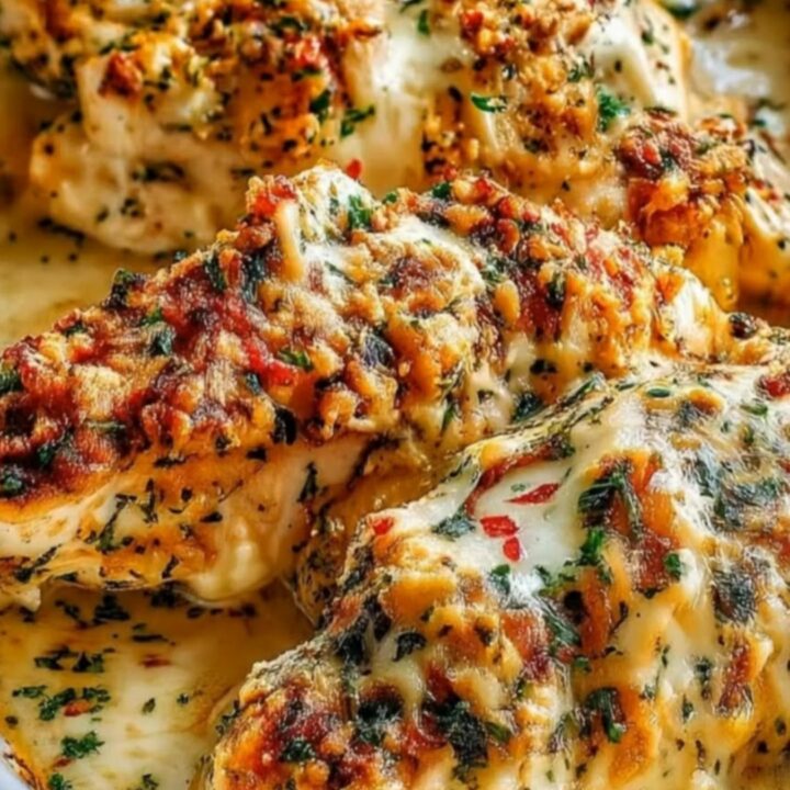 A golden, bubbly garlic parmesan chicken breast in a white baking dish with fresh herbs.