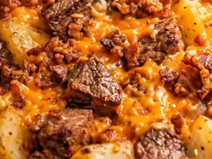 A close-up of a slow cooker filled with tender beef cubes and potatoes covered in melted cheddar cheese and crispy bacon.