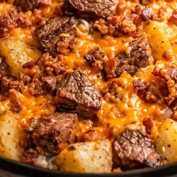 A close-up of a slow cooker filled with tender beef cubes and potatoes covered in melted cheddar cheese and crispy bacon.
