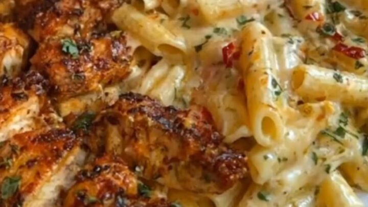 A steaming dish of creamy Cajun chicken penne in a baking dish with melted cheese.
