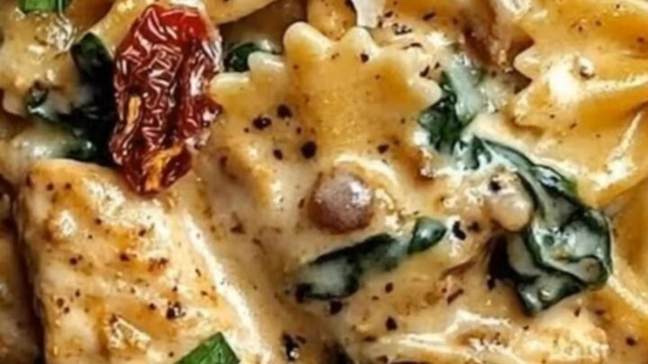 A steaming plate of creamy Tuscan chicken bowtie pasta with sun-dried tomatoes and spinach.