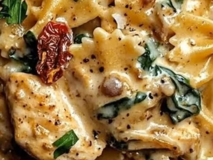 A steaming plate of creamy Tuscan chicken bowtie pasta with sun-dried tomatoes and spinach.