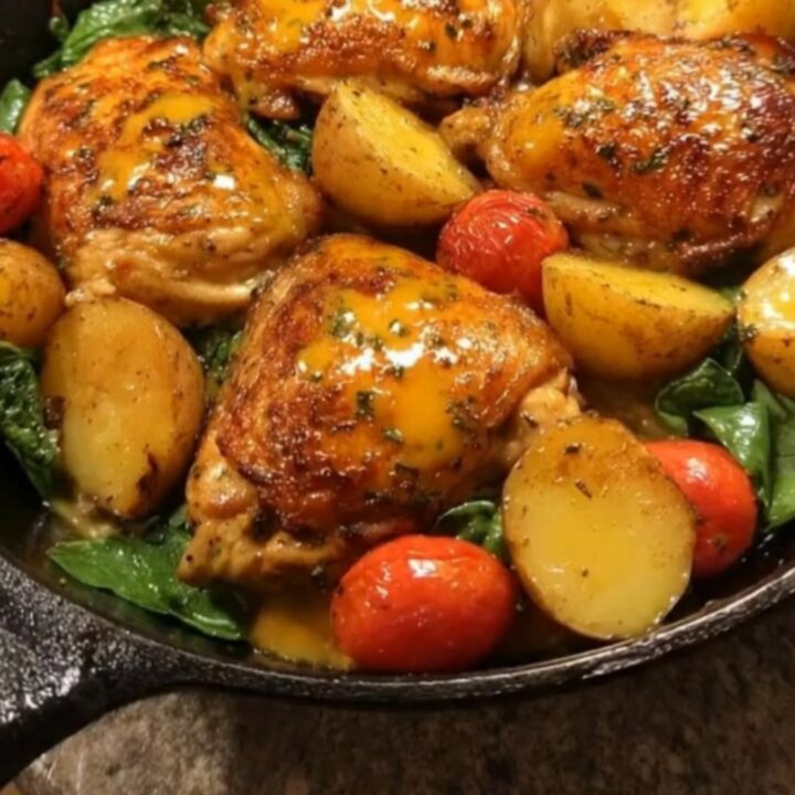 A rustic cast-iron skillet filled with glazed chicken thighs, roasted baby potatoes, and blistered tomatoes.