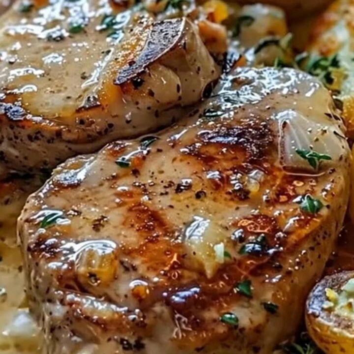 Golden-seared pork chop sitting in a cast-iron skillet with a creamy garlic sauce and roasted baby potatoes.