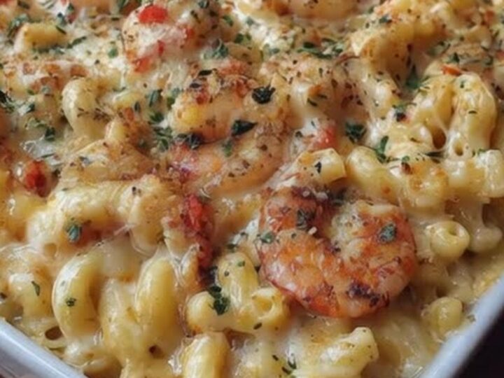 A white baking dish filled with bubbling, golden-brown baked macaroni and cheese topped with plump shrimp and fresh herbs.