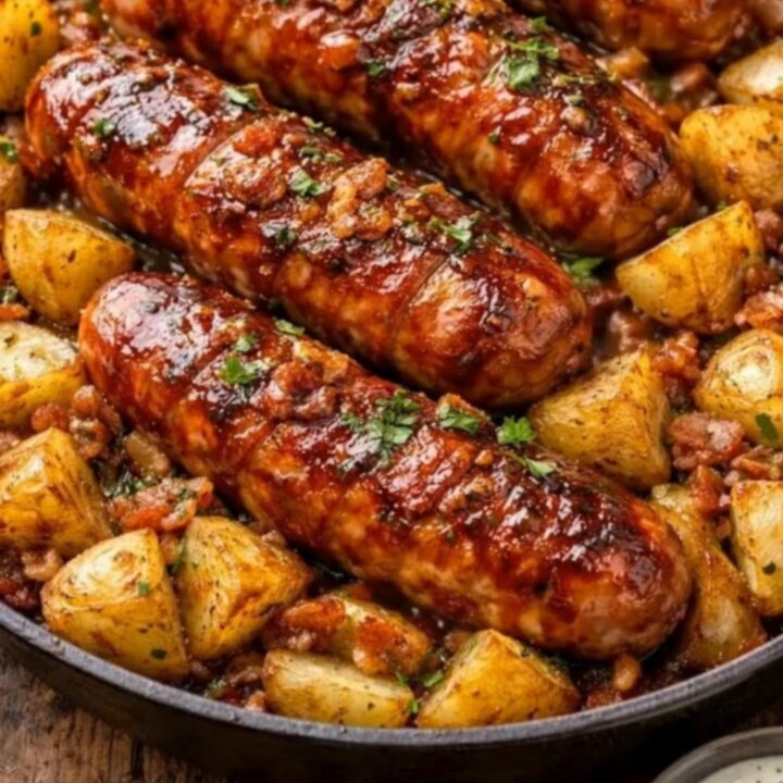 A cast-iron skillet filled with golden roasted baby potatoes, sliced sausages, and crispy bacon