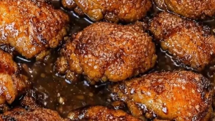 Close up of sticky honey garlic chicken thighs with a glossy glaze in a baking dish.