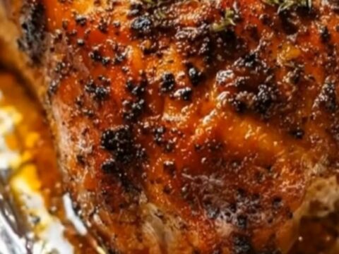 A beautifully glazed honey garlic pork roast resting on a wooden counter in a foil pan.