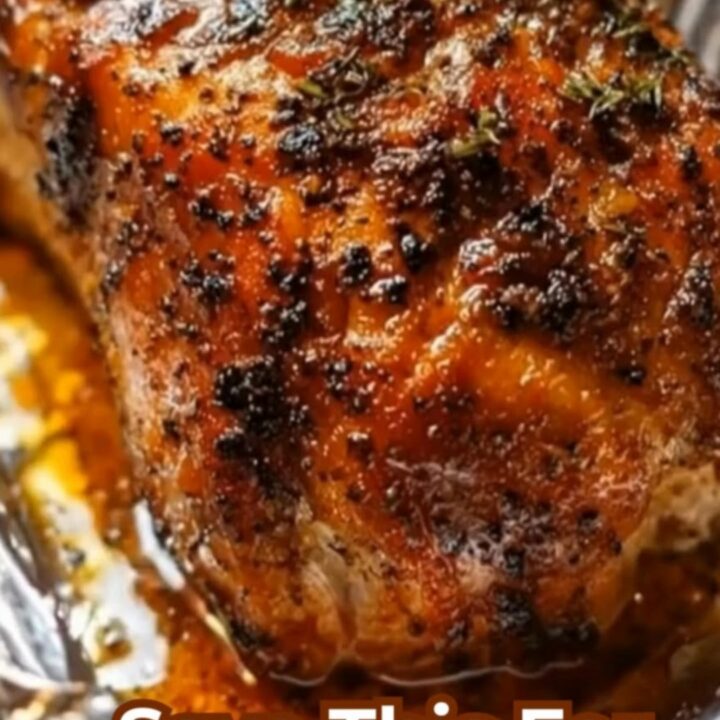 A beautifully glazed honey garlic pork roast resting on a wooden counter in a foil pan.