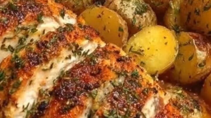 A glass dish filled with herb-roasted chicken breast, golden baby potatoes, and fresh green beans.