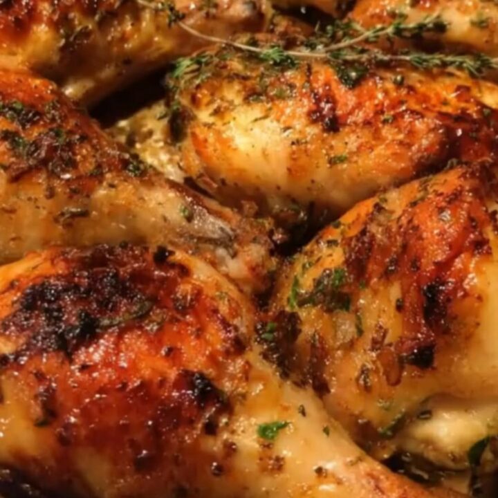 A golden brown roasted chicken drumstick held by metal tongs, showing crispy skin.