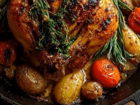 A golden-brown herb-crusted whole roast chicken in a cast-iron skillet with potatoes and tomatoes.