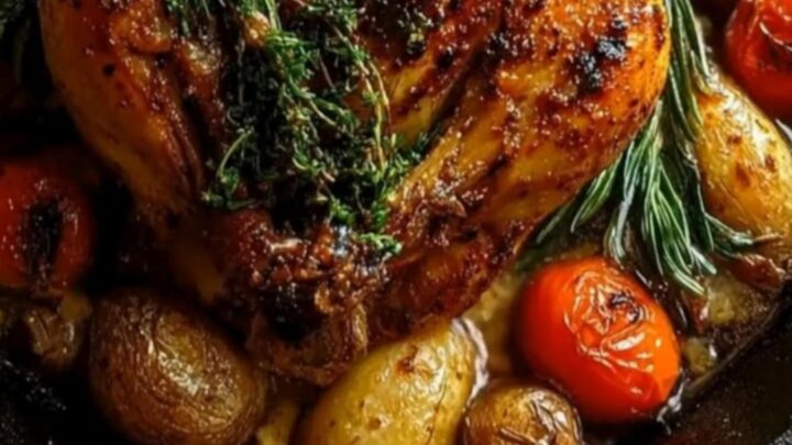 A golden-brown herb-crusted whole roast chicken in a cast-iron skillet with potatoes and tomatoes.