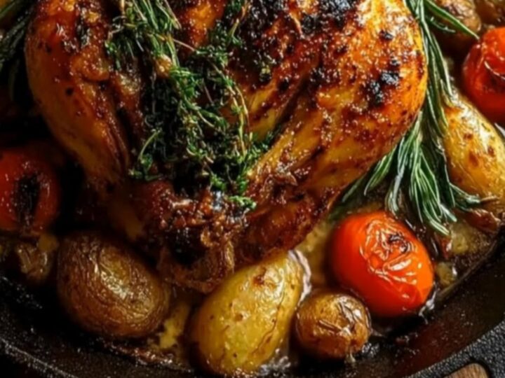 A golden-brown herb-crusted whole roast chicken in a cast-iron skillet with potatoes and tomatoes.