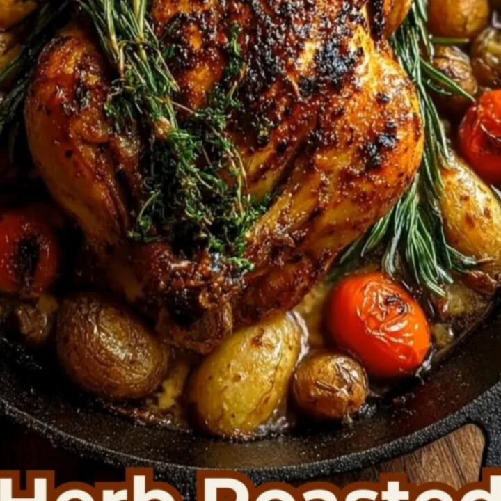 A golden-brown herb-crusted whole roast chicken in a cast-iron skillet with potatoes and tomatoes.