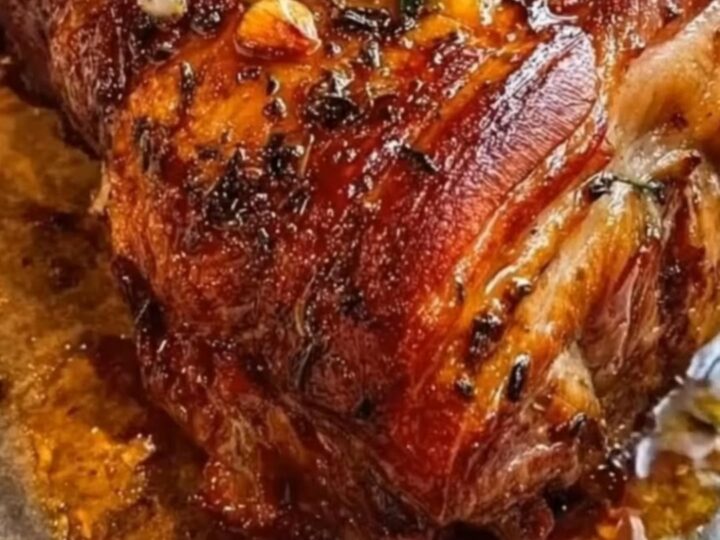 A golden-brown roasted beef knuckle with crispy skin on a parchment-lined pan.