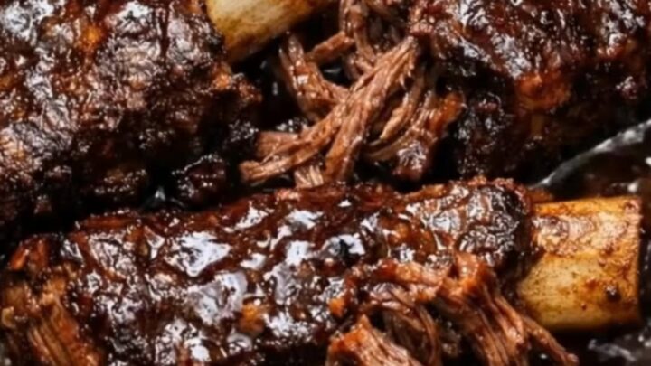 A close-up of tender Guinness beef short ribs served in a dark, glossy gravy on a white plate.