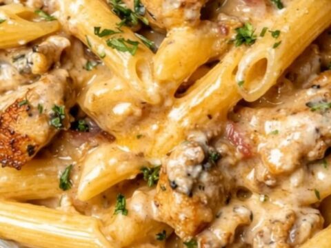 A close-up view of a steaming bowl of creamy garlic chicken penne garnished with fresh parsley.