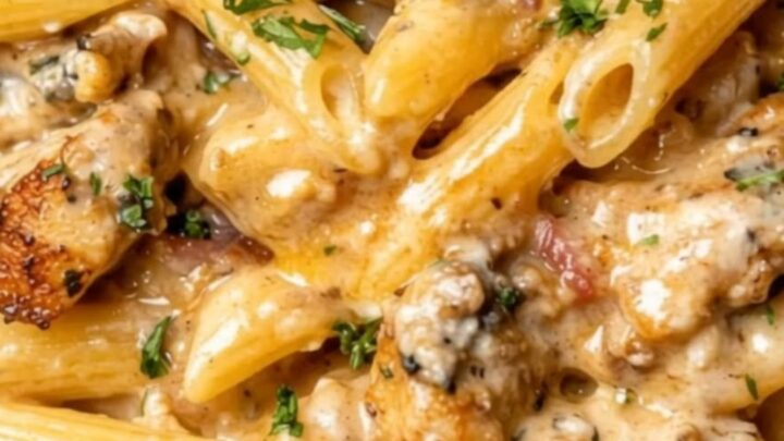 A close-up view of a steaming bowl of creamy garlic chicken penne garnished with fresh parsley.