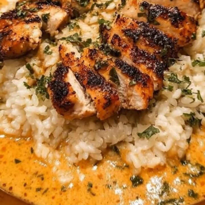 A brown bowl filled with seared chicken pieces in a rich, creamy garlic sauce served over fluffy white rice.