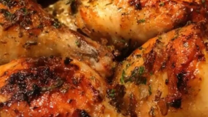 A metal roasting pan filled with glistening, golden-brown garlic herb chicken drumsticks garnished with fresh thyme.