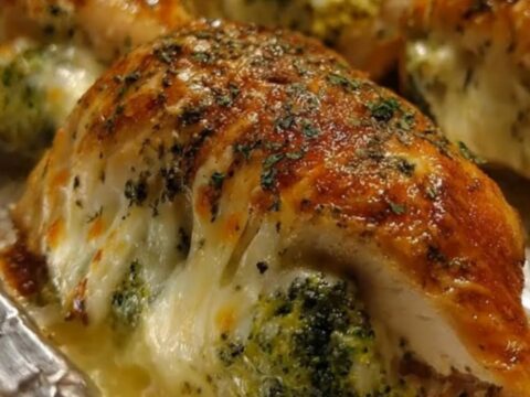 A golden, baked chicken breast stuffed with broccoli and melted mozzarella cheese on a white plate.