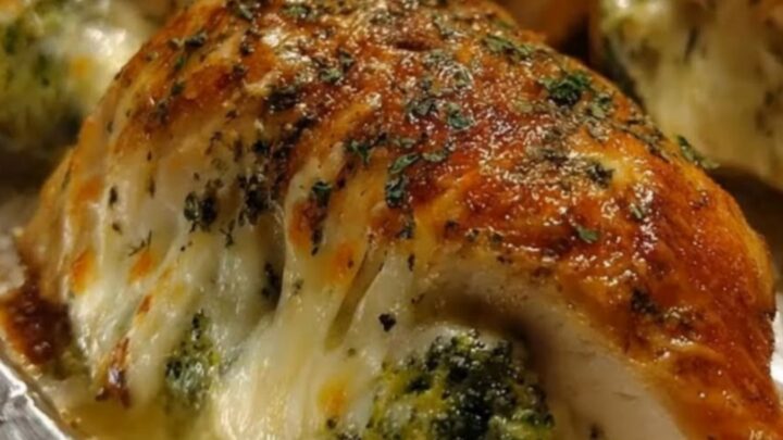 A golden, baked chicken breast stuffed with broccoli and melted mozzarella cheese on a white plate.