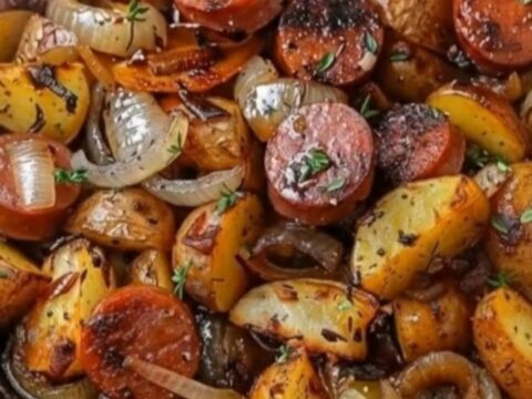 A rustic cast-iron skillet filled with crispy golden potato wedges, browned sausage, and caramelized onions.