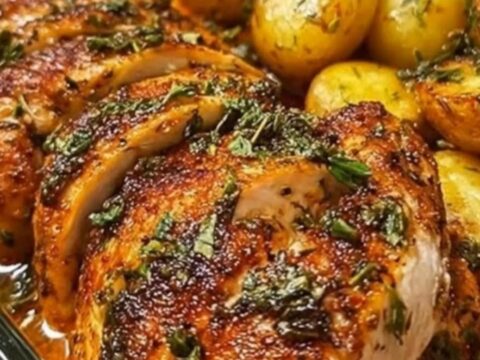 A glass baking dish filled with golden brown herb-roasted chicken, tender baby potatoes, and vibrant green green beans.