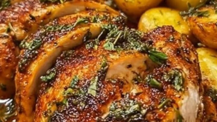 A glass baking dish filled with golden brown herb-roasted chicken, tender baby potatoes, and vibrant green green beans.