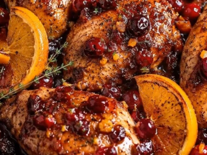 A cast-iron skillet filled with golden-brown chicken breasts topped with a glossy cranberry and orange glaze.