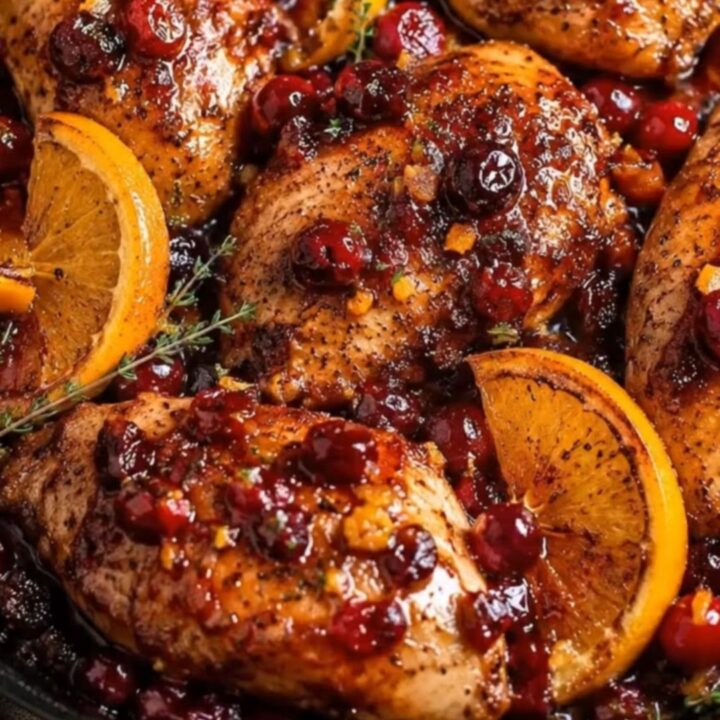 A cast-iron skillet filled with golden-brown chicken breasts topped with a glossy cranberry and orange glaze.