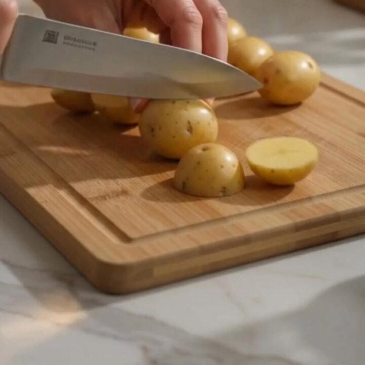 A metal spatula lifting a portion of golden, crispy garlic parmesan roasted baby potatoes from a baking sheet.