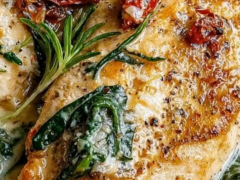 Golden pan-seared chicken breasts smothered in a rich, creamy sauce with spinach and sun-dried tomatoes.