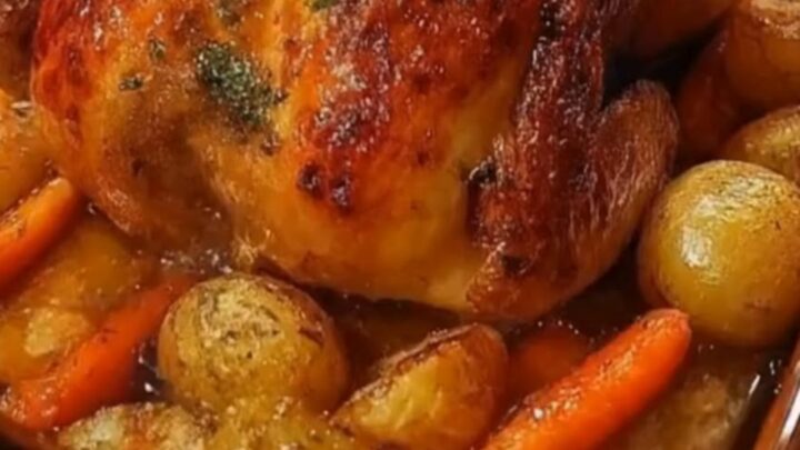 A whole roasted chicken in a ceramic dish surrounded by golden potatoes and carrots.