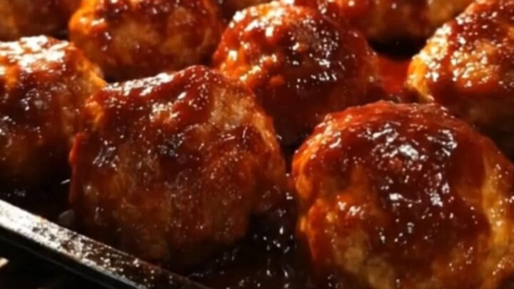 A close-up of glossy, glazed meatballs on a baking tray just out of the oven.