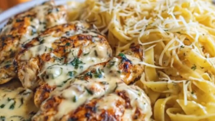 A close-up of creamy garlic chicken and fettuccine alfredo on a white plate.