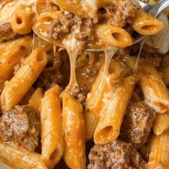 A close-up of a cheesy ground beef penne bake in a baking dish with melted cheddar cheese.